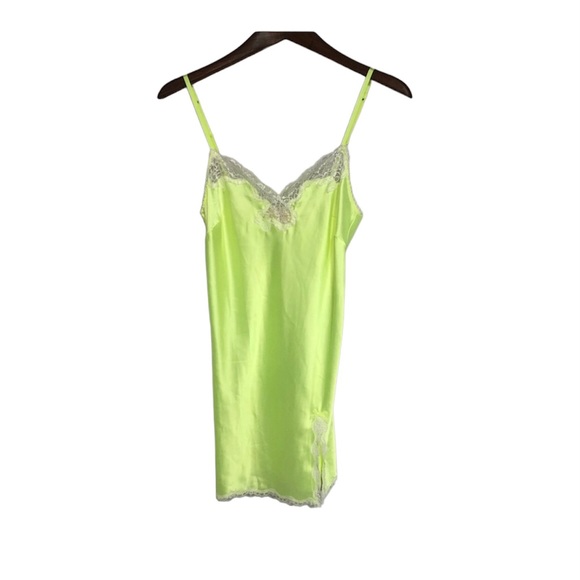 Victoria's Secret Other - Victoria Secret’s Women’s Neon Green Slip Nightgown Iridescent Lace Trim Slit